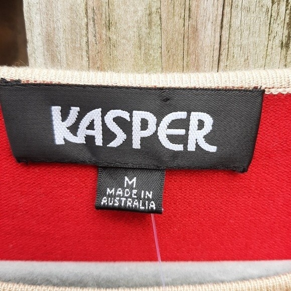 Kasper Stretchy Crop Sweater Knitted Top Red with Tan Accent 3/4 Sleeve Size M - Picture 2 of 13